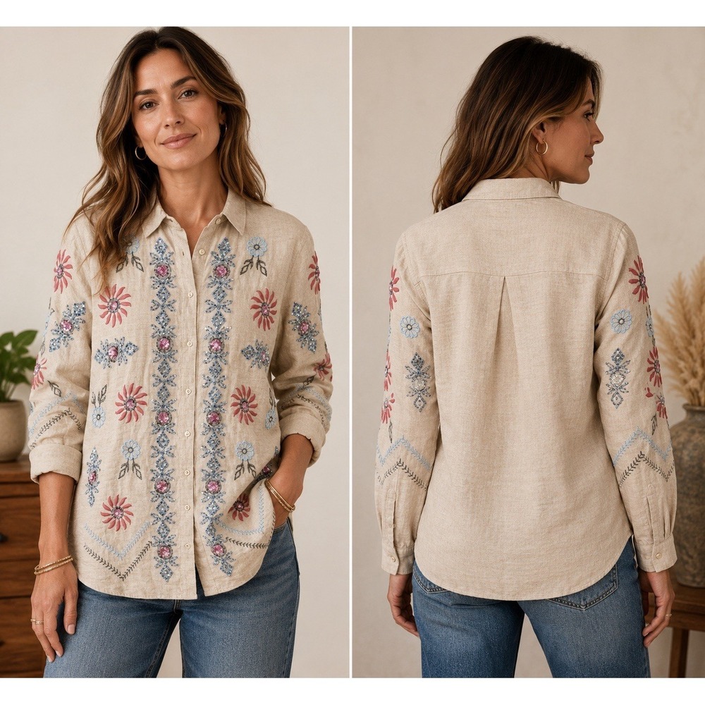 dsds Free Size FS Shirt Large Striped Floral Embroidery Tunic Button Boho Sequin